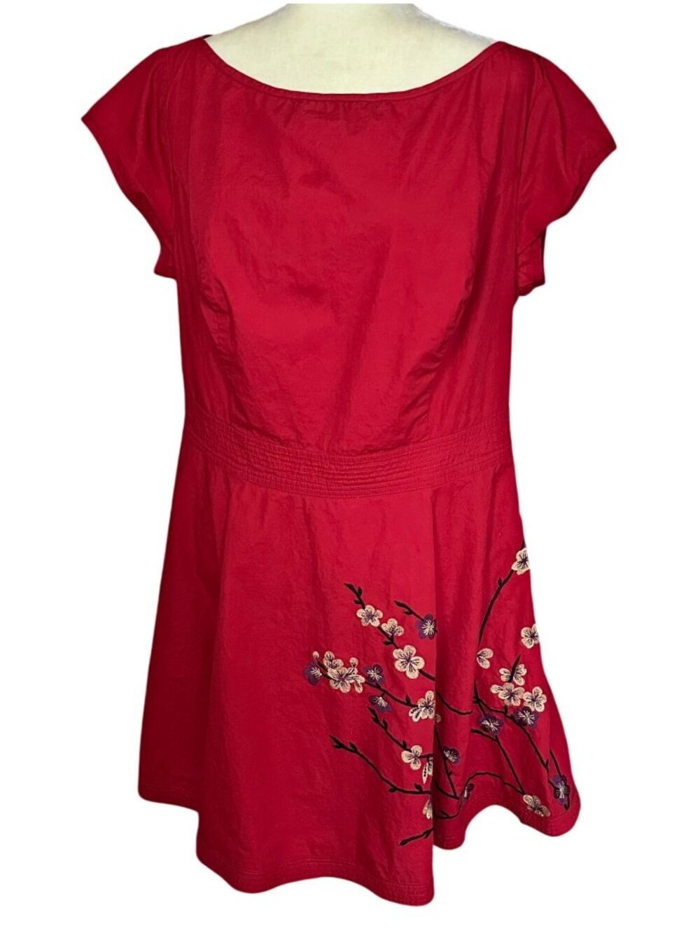 eShakti Red Fit Flare Mini Dress Floral Embroidery Cotton Cap Sleeve XL